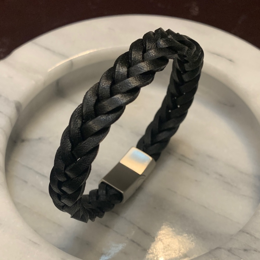 Men’s Black Braided Leather Bracelet 8”